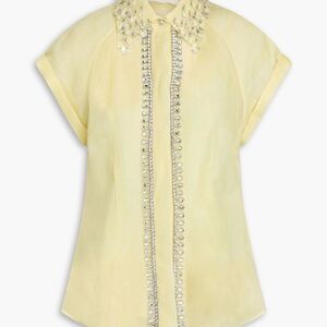 Zimmermann Pale Yellow Crystal-Embellished Short Sleeve Blouse
